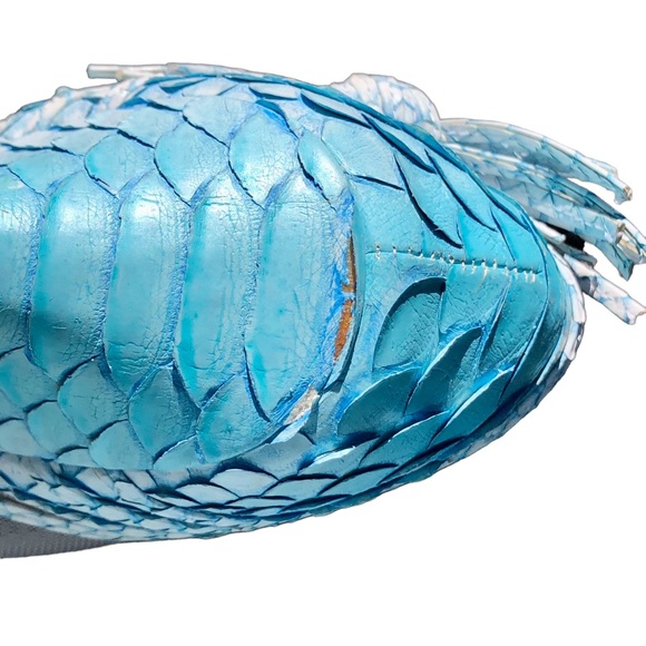 GIVENCHY light blue aqua & white python style high heel open toe with fringe bow - Picture 13 of 16